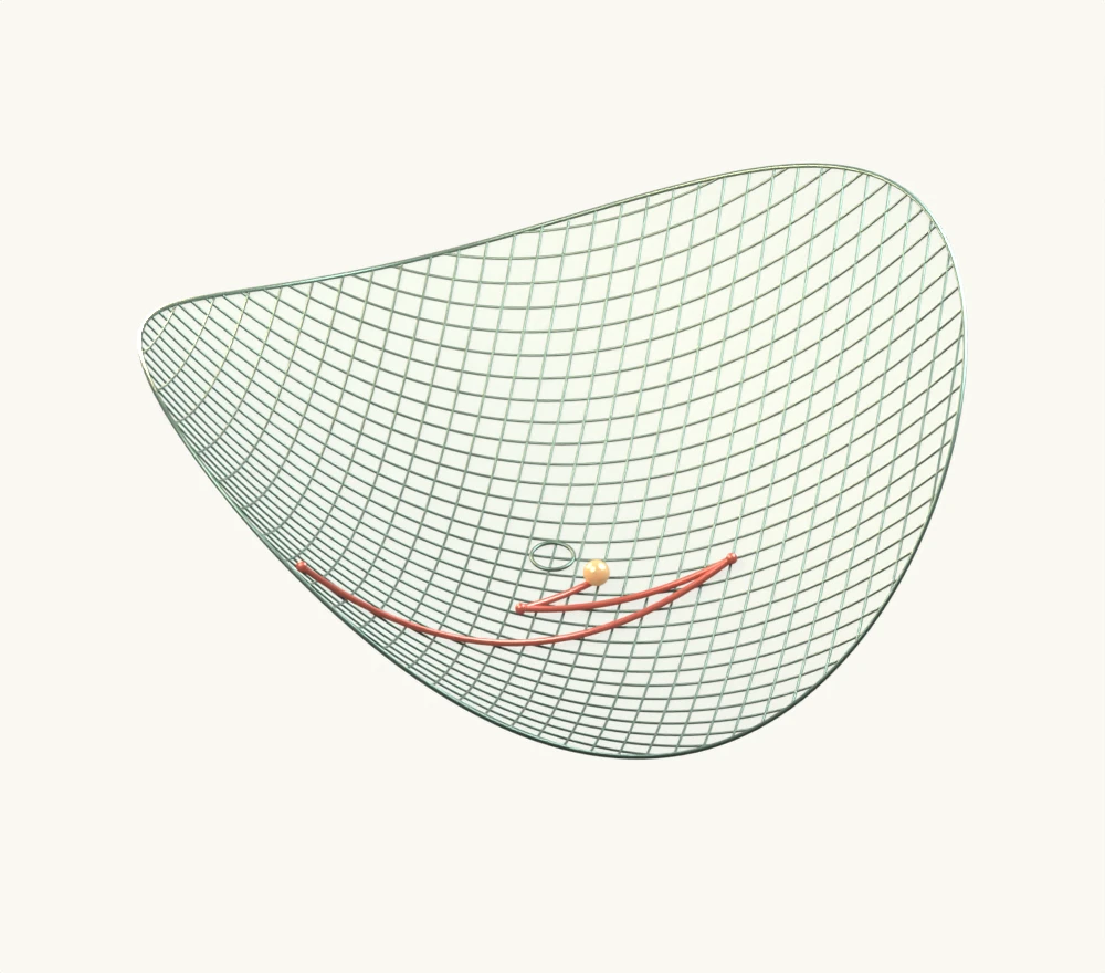 An elliptical loss surface with a copper gradient-descent trail leading toward its minimum.
